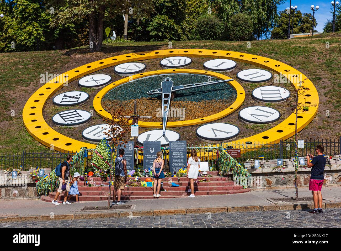 Kiev , Ukraine - August 30, 2019 : people in front of the Nebesna Sotnya monument Maidan square memorial  honoring deads of the 2014 revolution Stock Photo