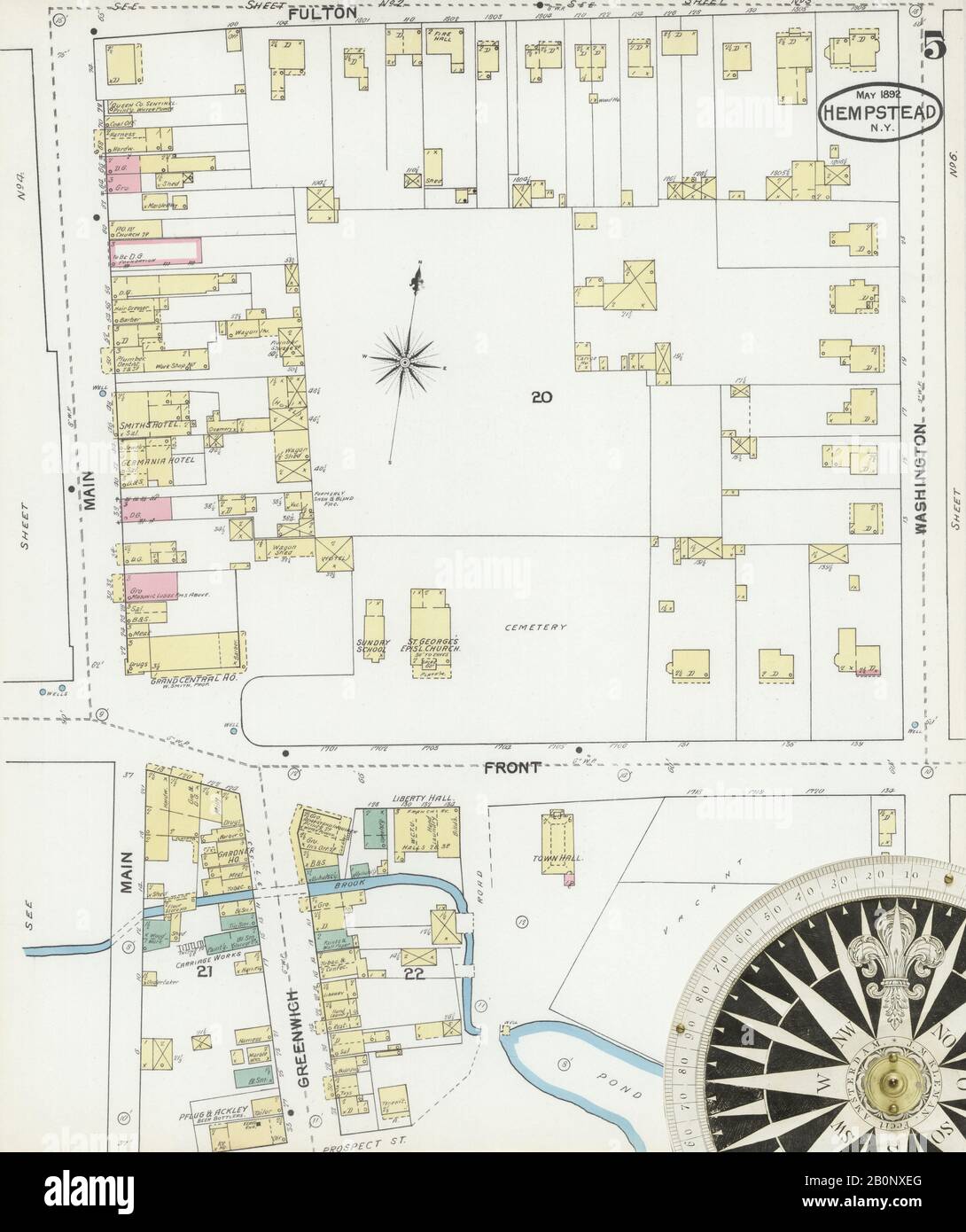 Image 5 of Sanborn Fire Insurance Map from Hempstead, Nassau County, New York. May 1892. 6 Sheet(s), America, street map with a Nineteenth Century compass Stock Photo