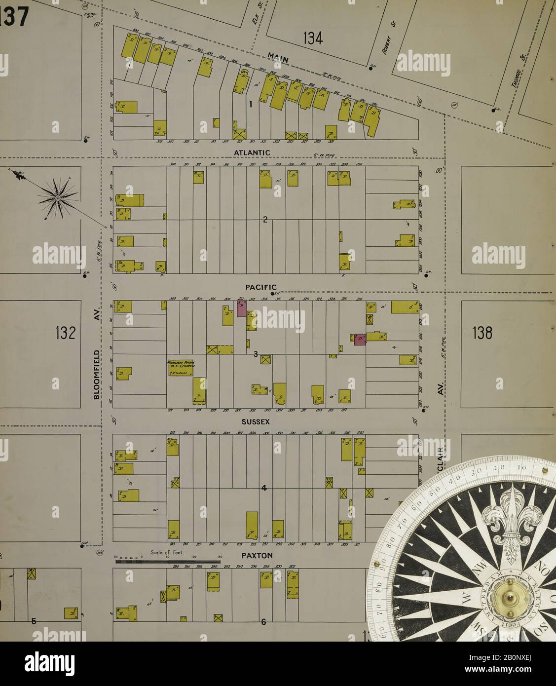 Image 38 of Sanborn Fire Insurance Map from Paterson, Passaic County, New Jersey. 1899 Vol. 2. 70 Sheet(s). Bound, America, street map with a Nineteenth Century compass Stock Photo