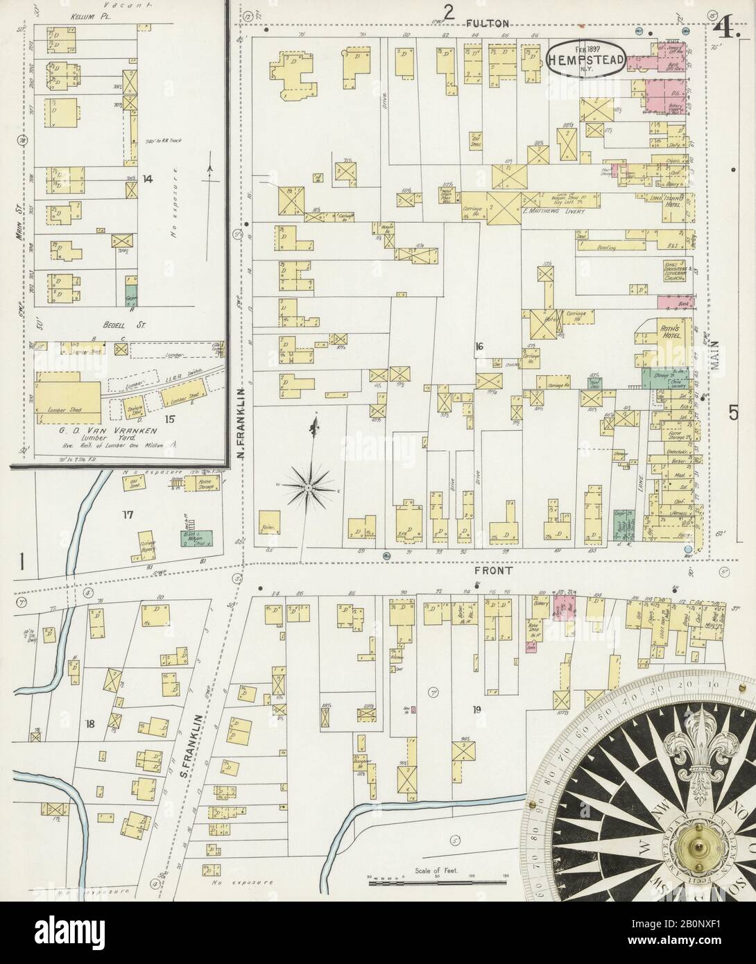 Image 4 of Sanborn Fire Insurance Map from Hempstead, Nassau County, New York. Feb 1897. 7 Sheet(s), America, street map with a Nineteenth Century compass Stock Photo