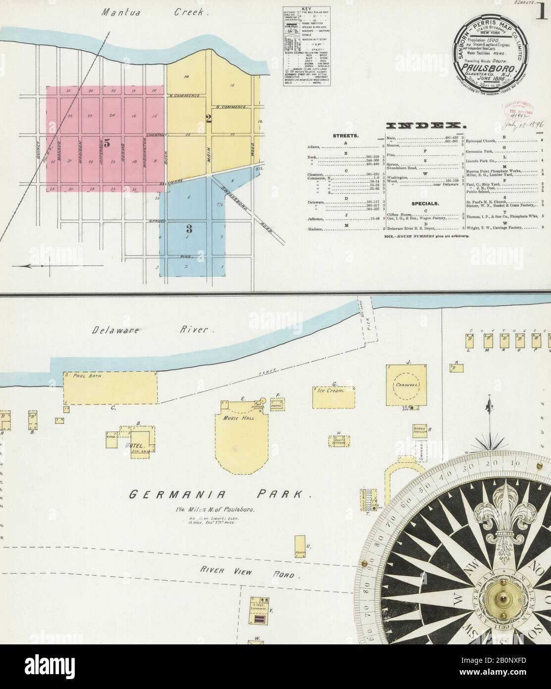 Image 1 of Sanborn Fire Insurance Map from Paulsboro, Gloucester County, New Jersey. Jun 1896. 5 Sheet(s), America, street map with a Nineteenth Century compass Stock Photo