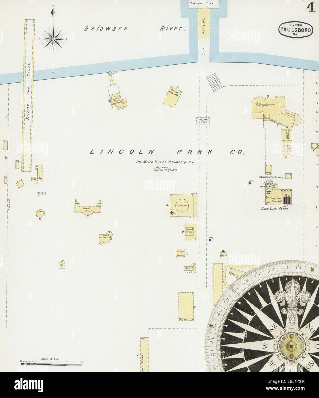 Image 4 of Sanborn Fire Insurance Map from Paulsboro, Gloucester County, New Jersey. Jun 1896. 5 Sheet(s), America, street map with a Nineteenth Century compass Stock Photo