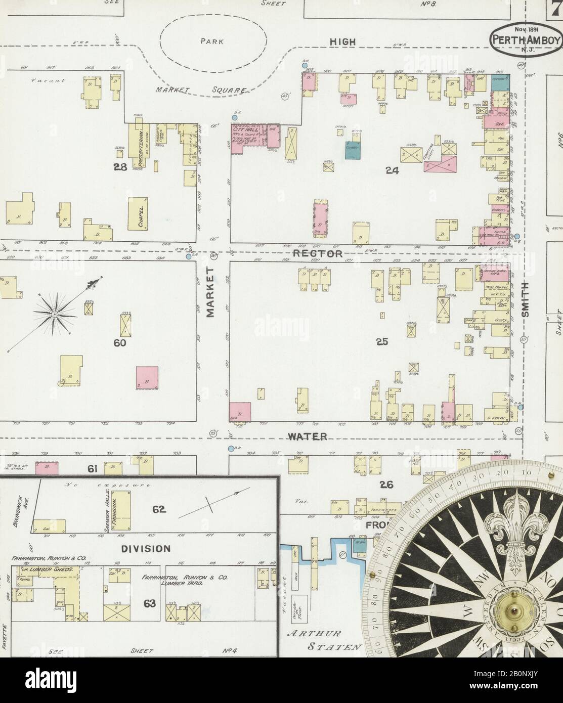 Image 7 of Sanborn Fire Insurance Map from Perth Amboy, Middlesex County, New Jersey. Nov 1891. 12 Sheet(s), America, street map with a Nineteenth Century compass Stock Photo