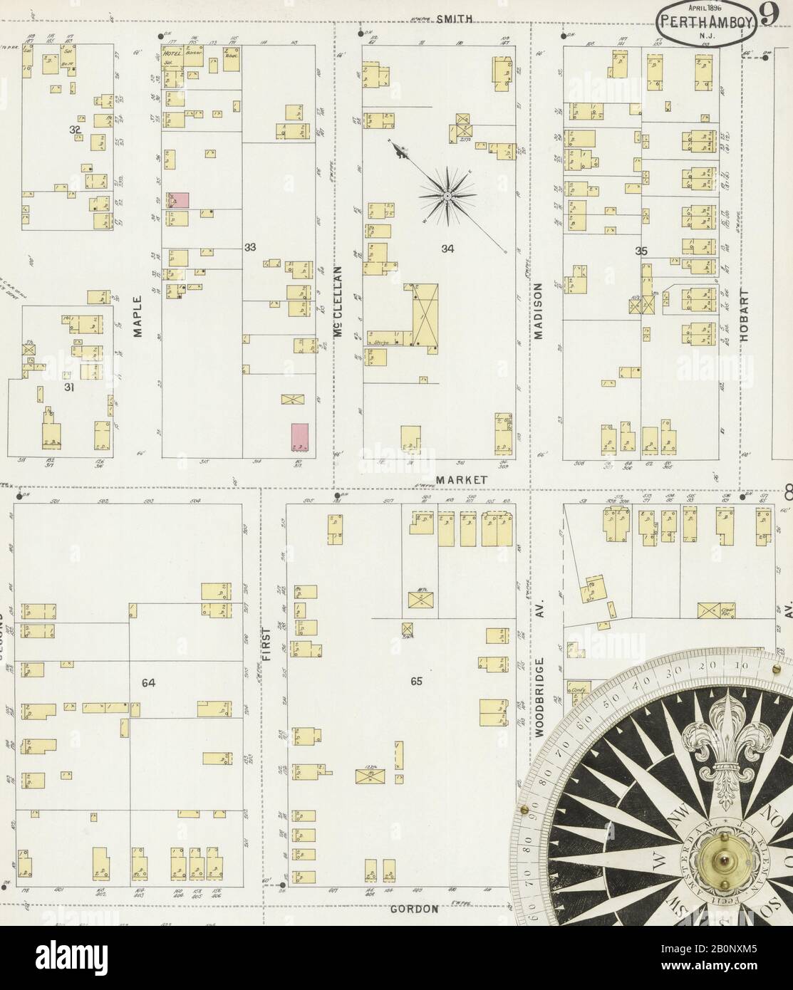 Image 9 of Sanborn Fire Insurance Map from Perth Amboy, Middlesex County, New Jersey. Apr 1896. 14 Sheet(s), America, street map with a Nineteenth Century compass Stock Photo