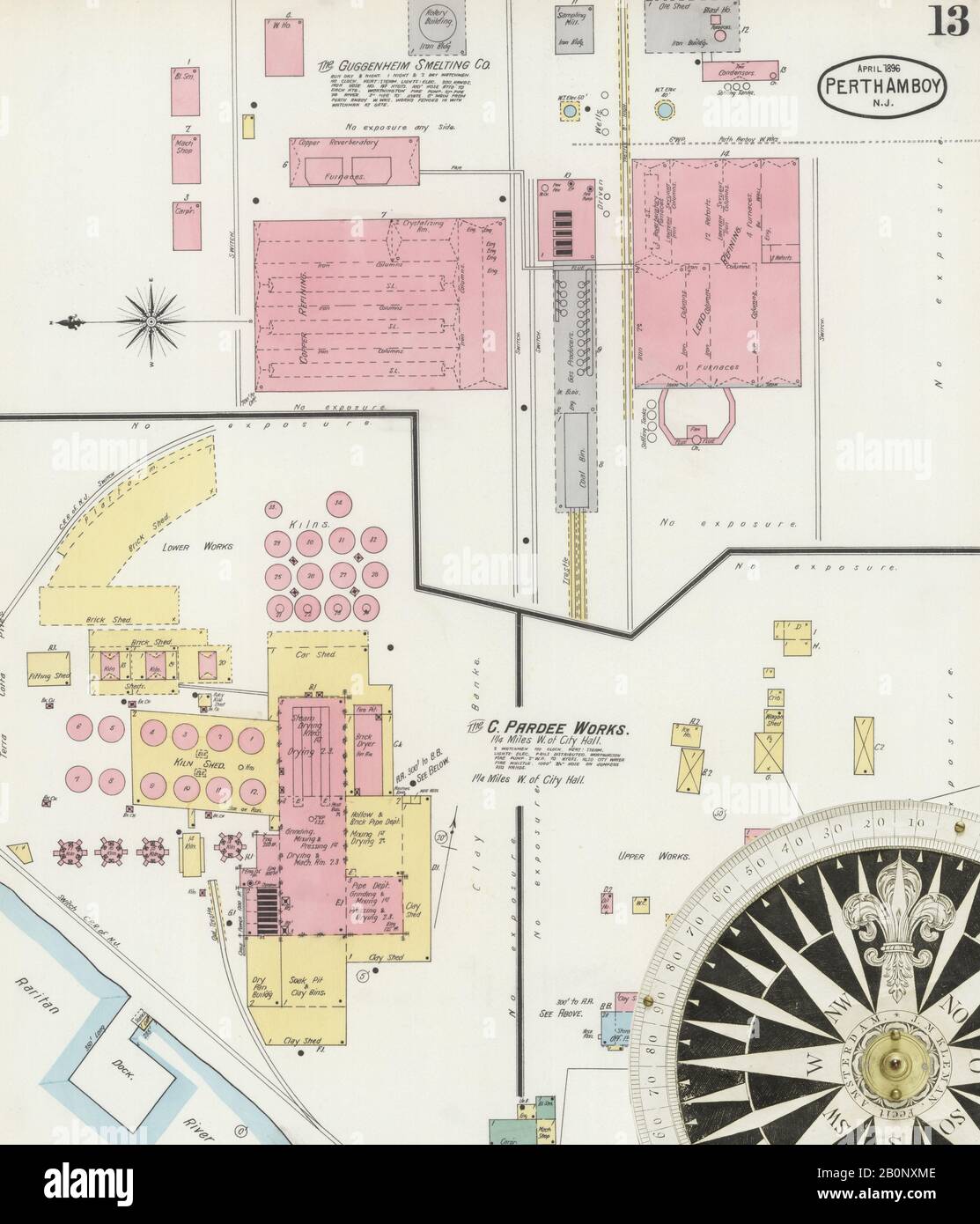 Image 13 of Sanborn Fire Insurance Map from Perth Amboy, Middlesex County, New Jersey. Apr 1896. 14 Sheet(s), America, street map with a Nineteenth Century compass Stock Photo