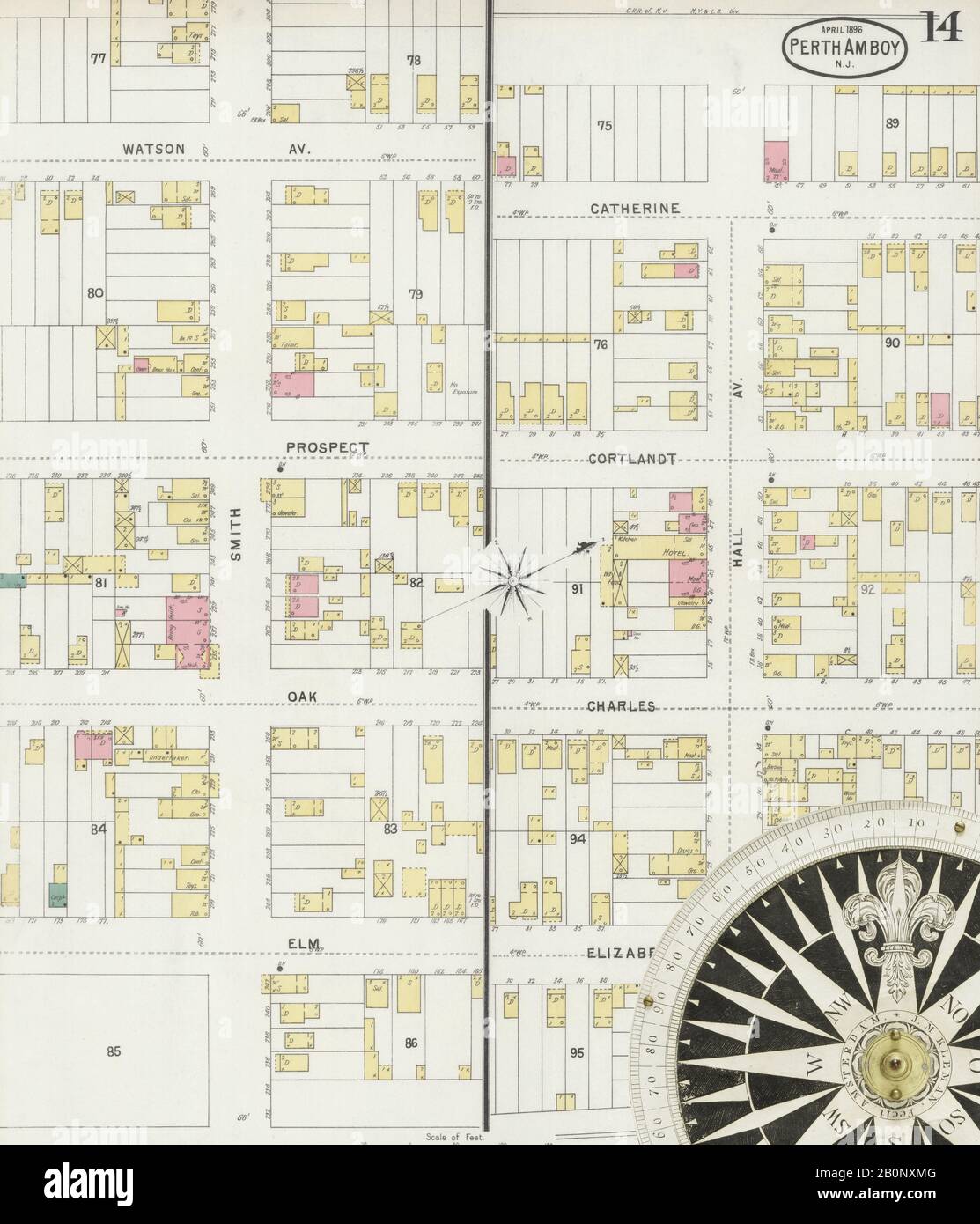 Image 14 of Sanborn Fire Insurance Map from Perth Amboy, Middlesex County, New Jersey. Apr 1896. 14 Sheet(s), America, street map with a Nineteenth Century compass Stock Photo