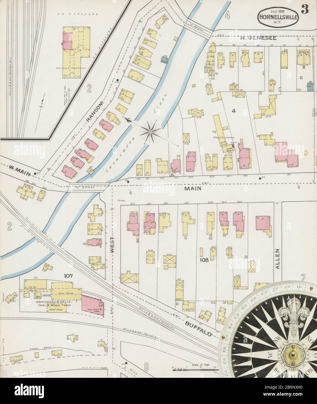 Image 3 of Sanborn Fire Insurance Map from Hornell, Steuben County, New York. Jul 1893. 21 Sheet(s). Includes Arkport, America, street map with a Nineteenth Century compass Stock Photo