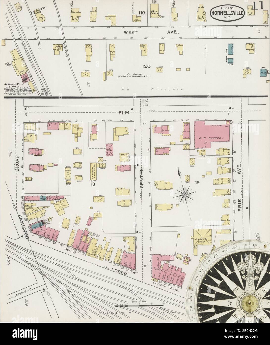 Image 11 of Sanborn Fire Insurance Map from Hornell, Steuben County, New York. Jul 1893. 21 Sheet(s). Includes Arkport, America, street map with a Nineteenth Century compass Stock Photo