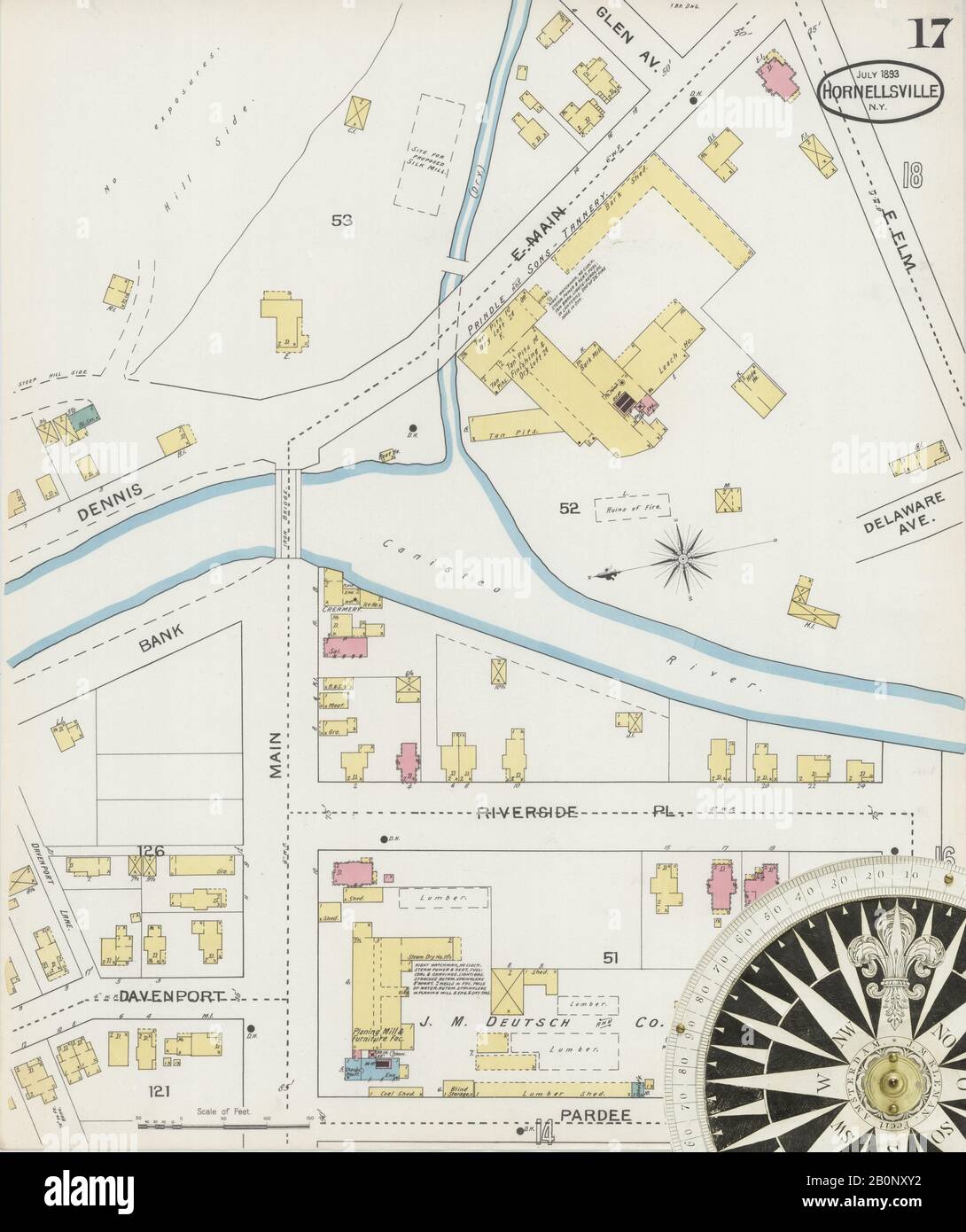 Image 17 of Sanborn Fire Insurance Map from Hornell, Steuben County, New York. Jul 1893. 21 Sheet(s). Includes Arkport, America, street map with a Nineteenth Century compass Stock Photo