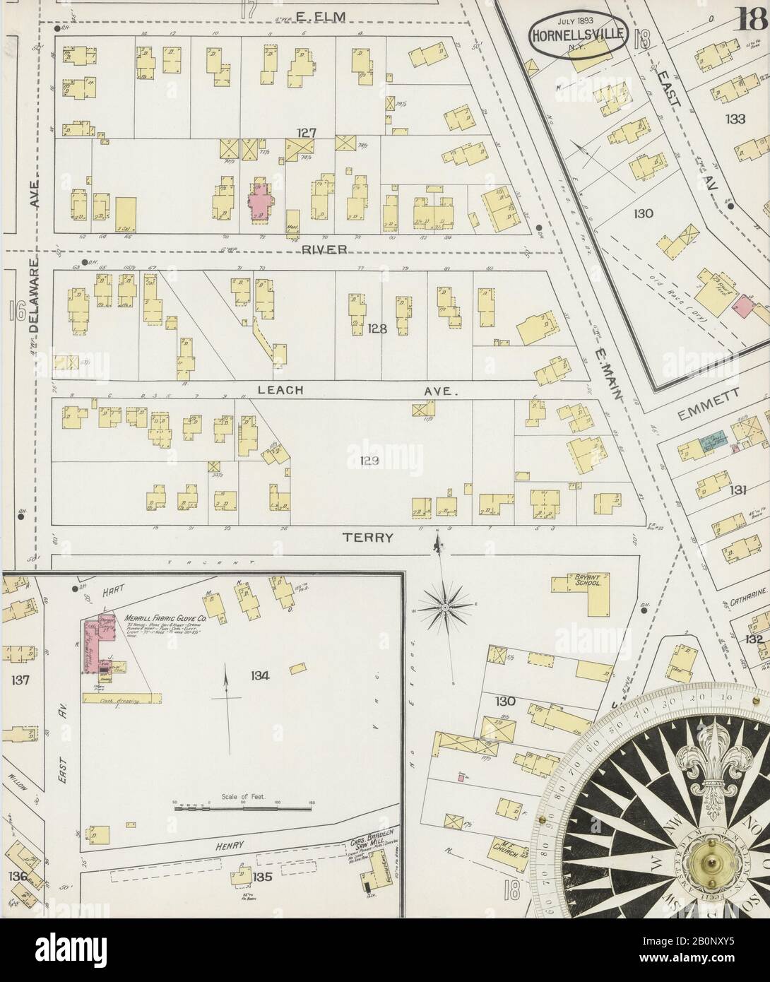 Image 18 of Sanborn Fire Insurance Map from Hornell, Steuben County, New York. Jul 1893. 21 Sheet(s). Includes Arkport, America, street map with a Nineteenth Century compass Stock Photo