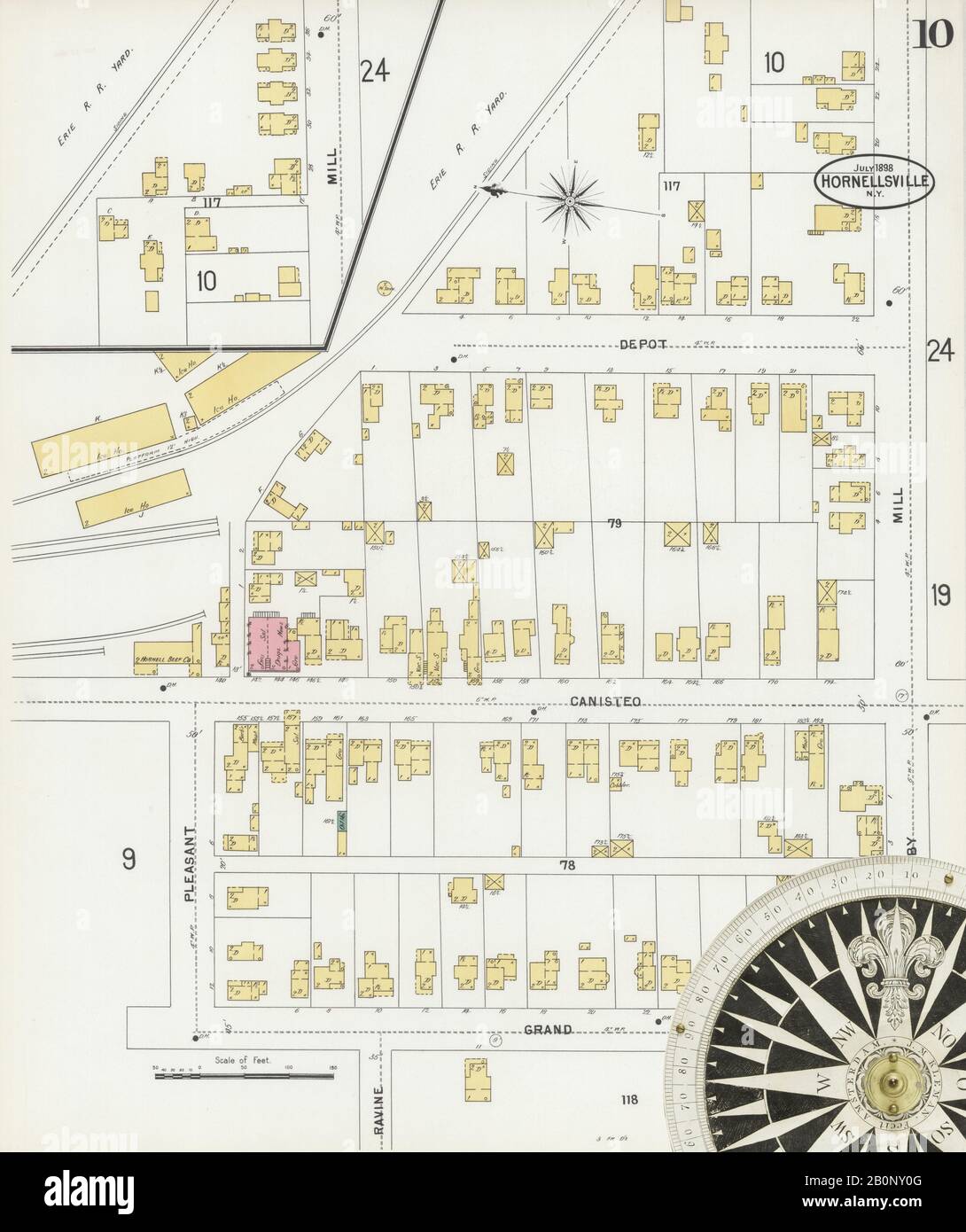 Image 10 of Sanborn Fire Insurance Map from Hornell, Steuben County, New York. Jul 1898. 24 Sheet(s). Includes Arkport, America, street map with a Nineteenth Century compass Stock Photo