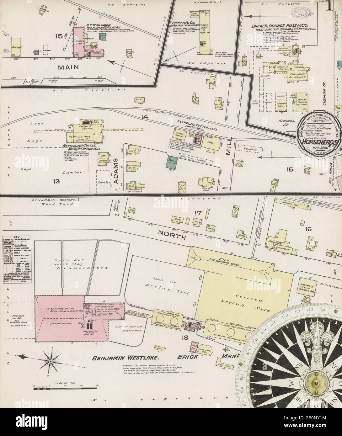 Image 1 of Sanborn Fire Insurance Map from Horseheads, Chemung County, New York. Mar 1886. 2 Sheet(s), America, street map with a Nineteenth Century compass Stock Photo