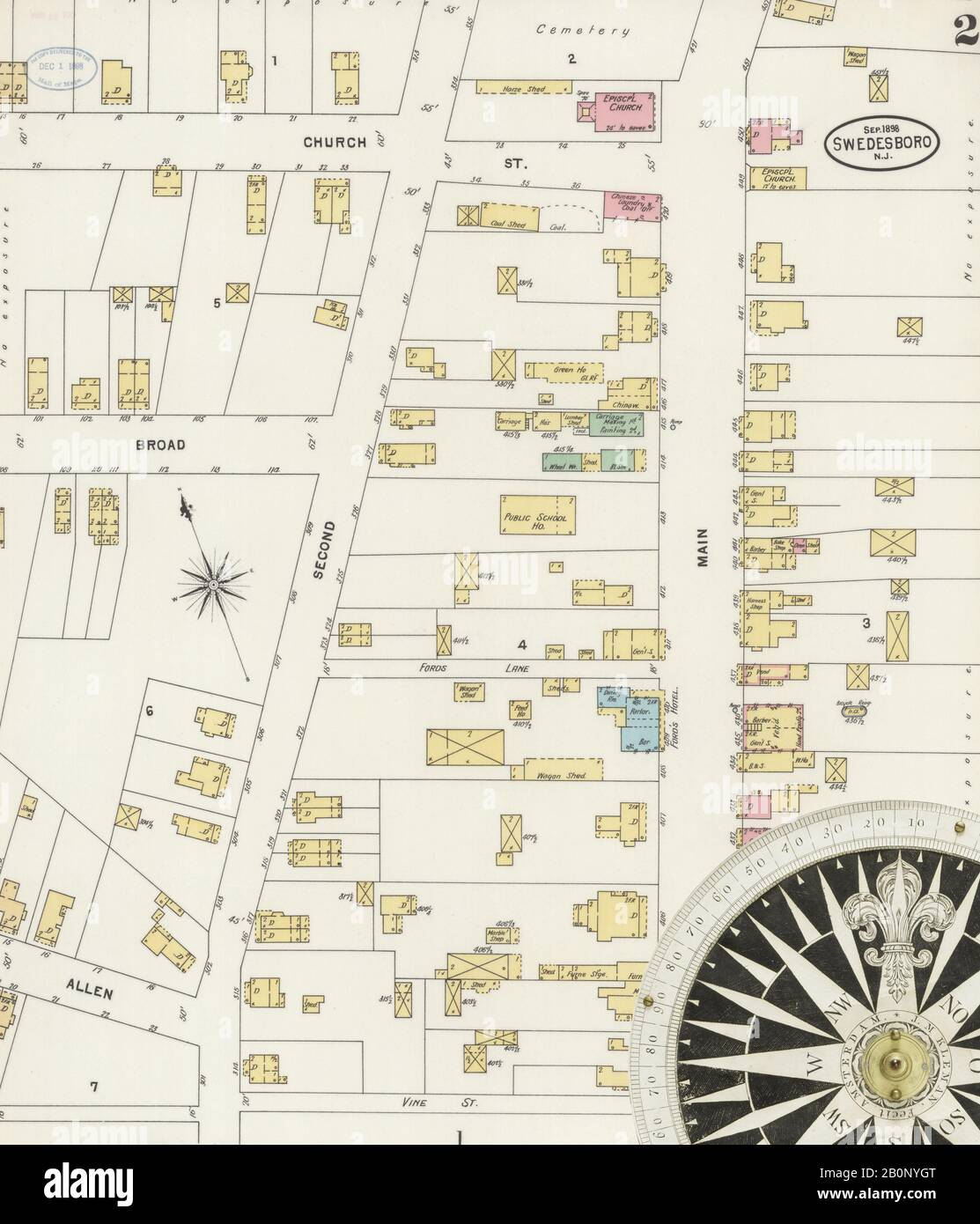 Image 2 of Sanborn Fire Insurance Map from Swedesboro, Gloucester County, New Jersey. Sep 1898. 2 Sheet(s), America, street map with a Nineteenth Century compass Stock Photo