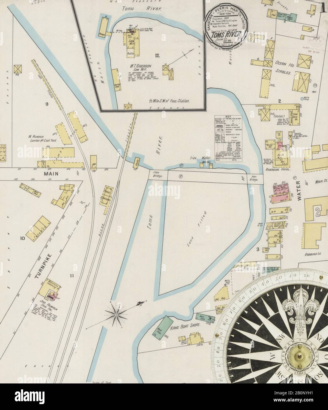 Image 1 of Sanborn Fire Insurance Map from Toms River, Ocean County, New Jersey. Sep 1895. 2 Sheet(s), America, street map with a Nineteenth Century compass Stock Photo