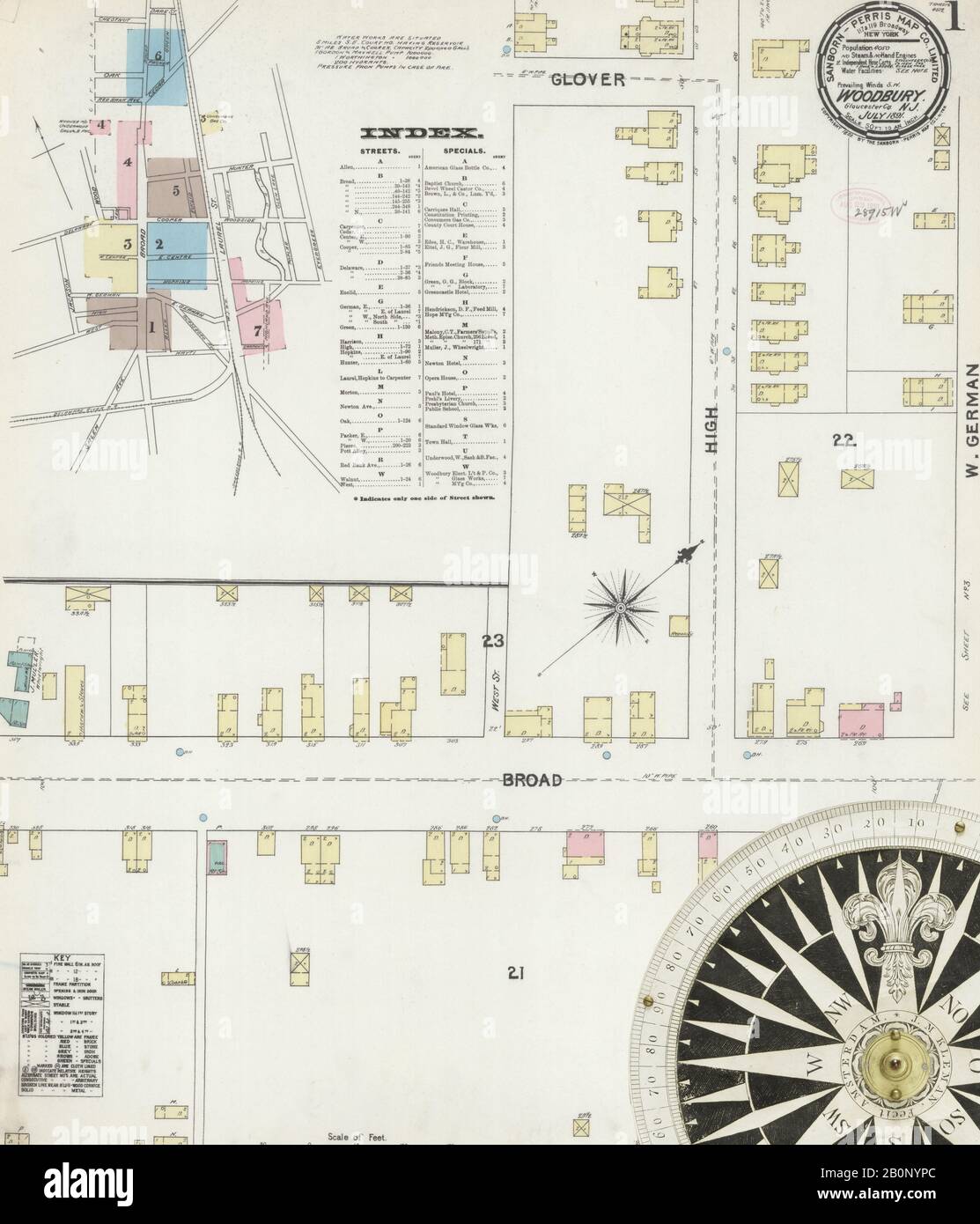 Image 1 of Sanborn Fire Insurance Map from Woodbury, Gloucester County, New Jersey. Jul 1891. 7 Sheet(s), America, street map with a Nineteenth Century compass Stock Photo