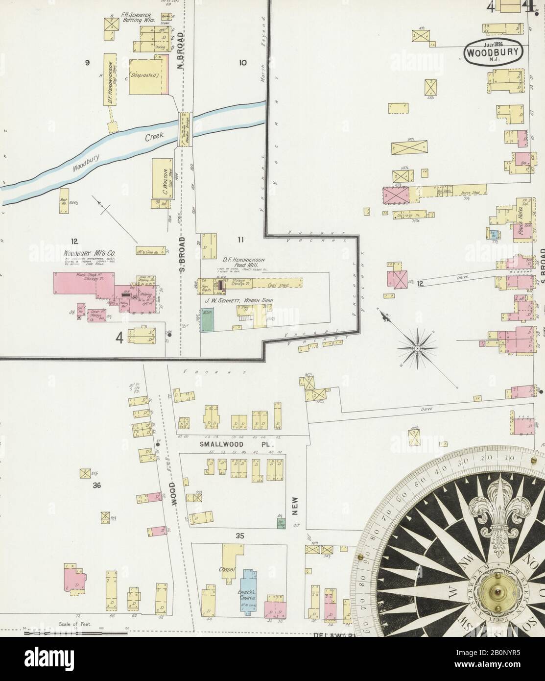 Image 4 of Sanborn Fire Insurance Map from Woodbury, Gloucester County, New Jersey. Jul 1896. 8 Sheet(s), America, street map with a Nineteenth Century compass Stock Photo