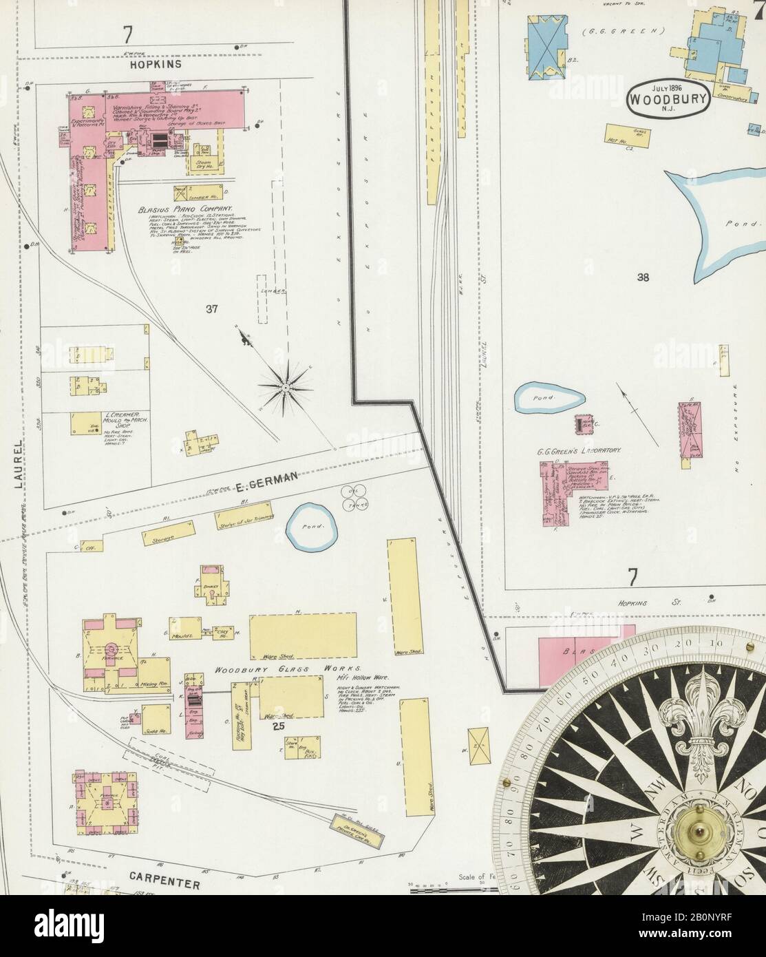 Image 7 of Sanborn Fire Insurance Map from Woodbury, Gloucester County, New Jersey. Jul 1896. 8 Sheet(s), America, street map with a Nineteenth Century compass Stock Photo