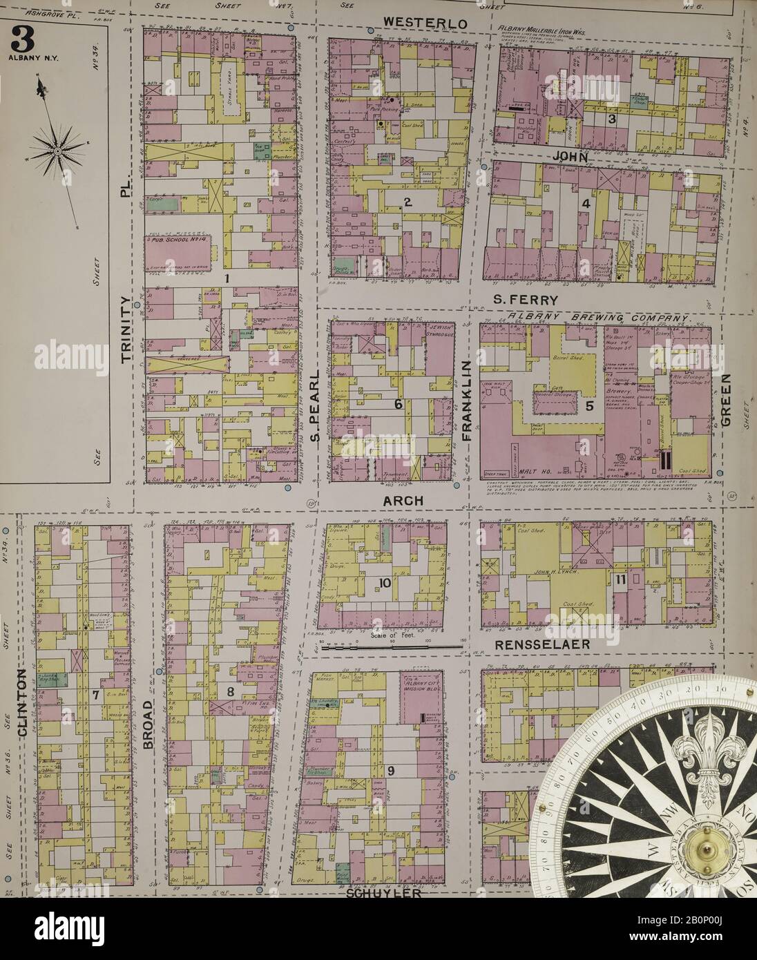 Image 4 of Sanborn Fire Insurance Map from Albany, Albany County, New York. 1892. 124 Sheet(s). Includes Coeymans, Coeymans Junction, Rensselaerville, Clarksville, Altamont, Guilderland Center, South Bethlehem. 3 skeleton maps. Bound, America, street map with a Nineteenth Century compass Stock Photo