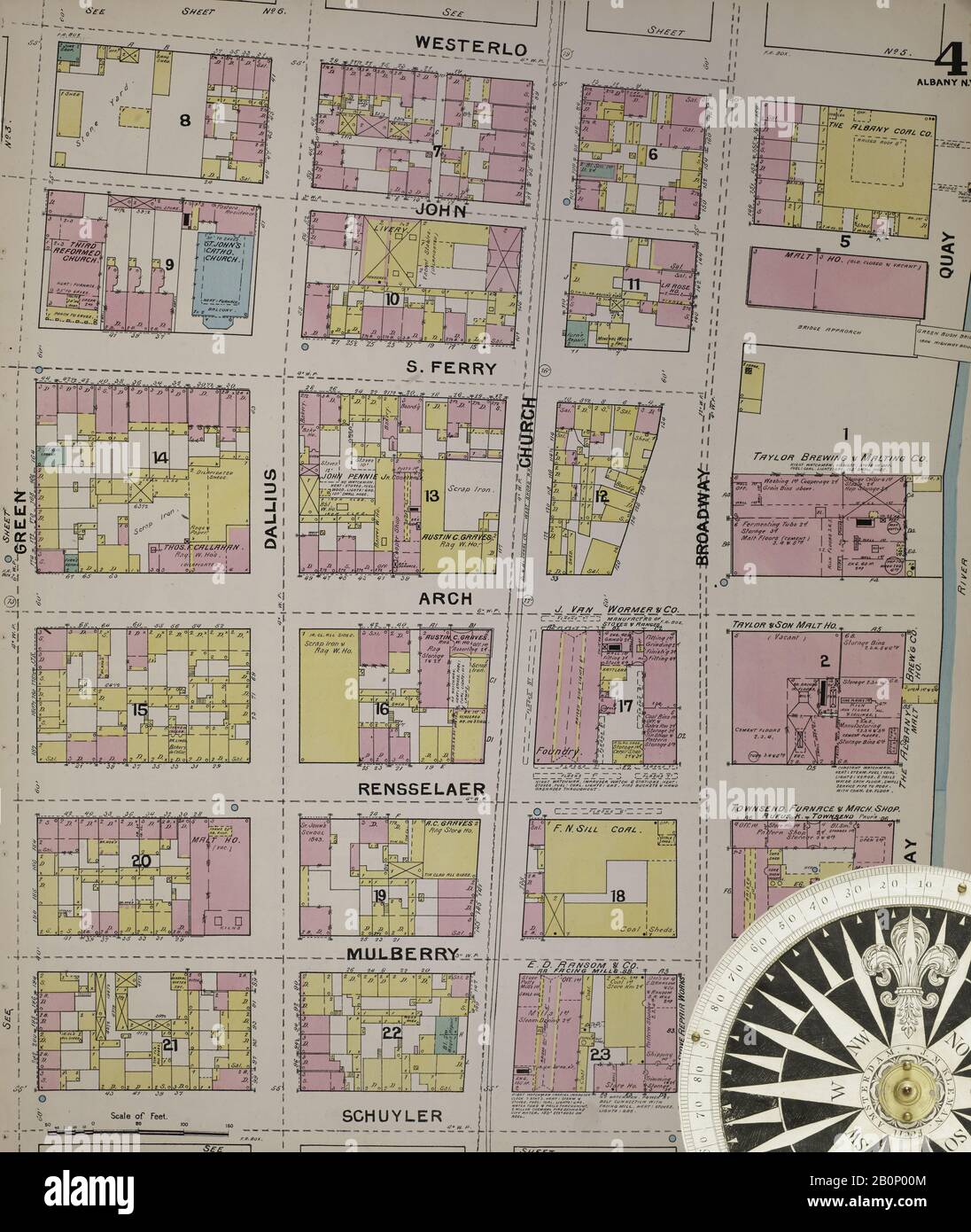 Image 5 of Sanborn Fire Insurance Map from Albany, Albany County, New York. 1892. 124 Sheet(s). Includes Coeymans, Coeymans Junction, Rensselaerville, Clarksville, Altamont, Guilderland Center, South Bethlehem. 3 skeleton maps. Bound, America, street map with a Nineteenth Century compass Stock Photo