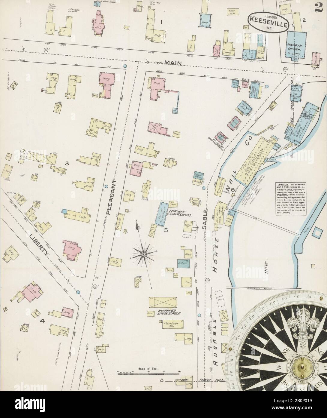 Image 2 of Sanborn Fire Insurance Map from Keeseville, Essex County, New York. Sep 1884. 3 Sheet(s), America, street map with a Nineteenth Century compass Stock Photo