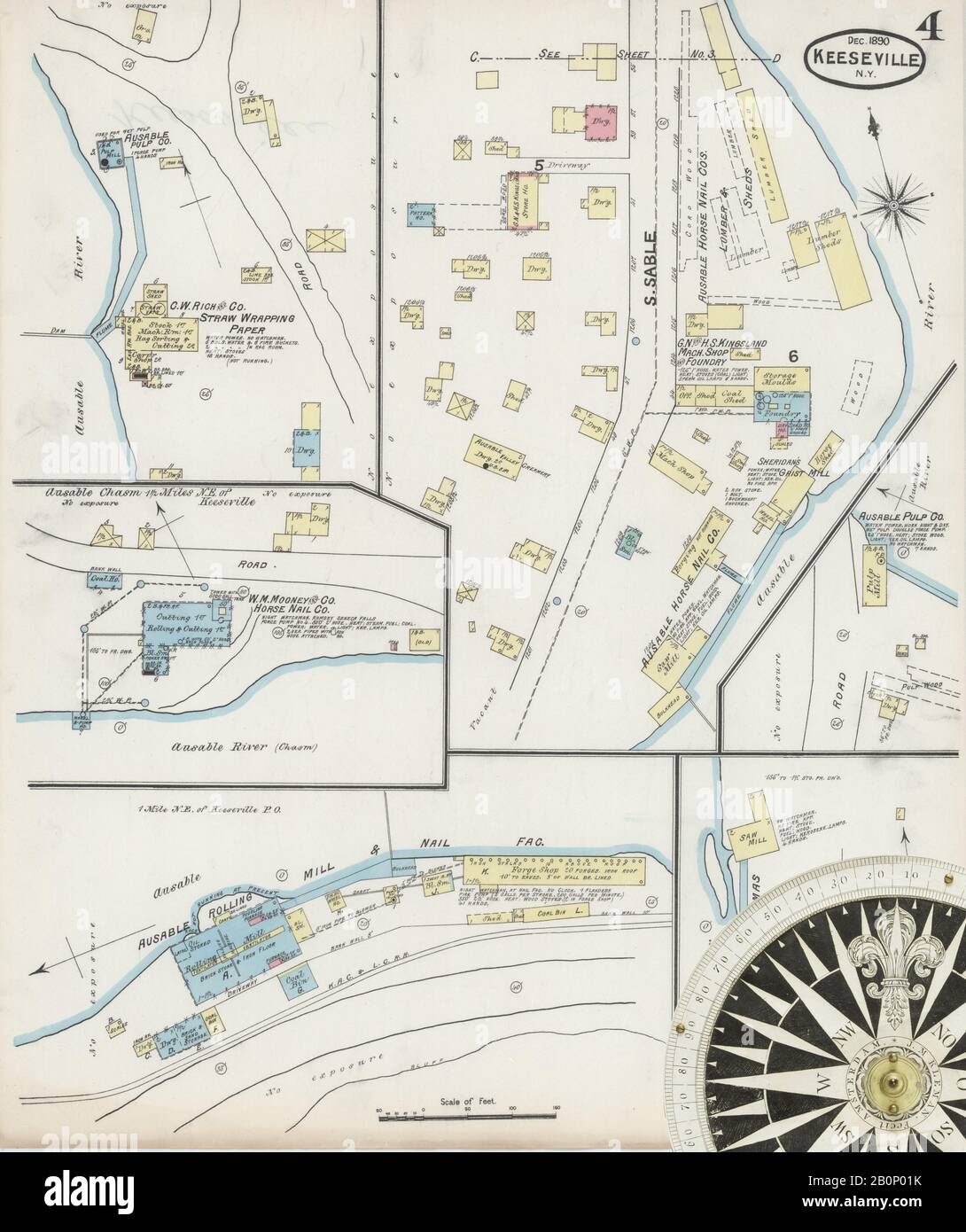 Image 4 of Sanborn Fire Insurance Map from Keeseville, Essex County, New York. Dec 1890. 4 Sheet(s), America, street map with a Nineteenth Century compass Stock Photo