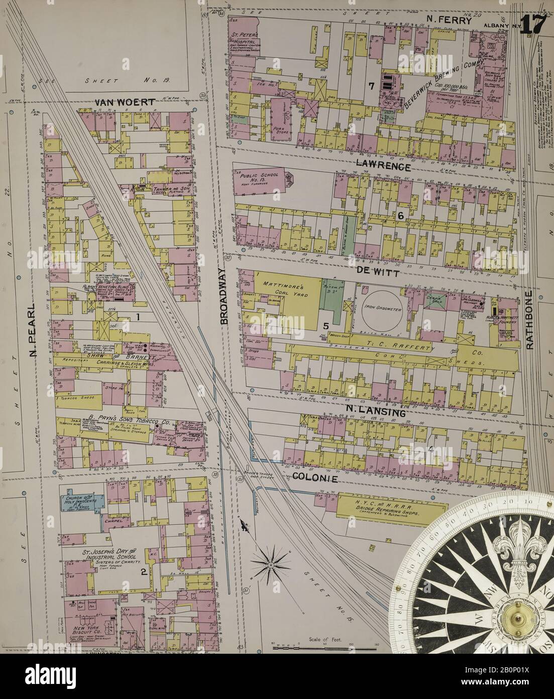 Image 21 of Sanborn Fire Insurance Map from Albany, Albany County, New York. 1892. 124 Sheet(s). Includes Coeymans, Coeymans Junction, Rensselaerville, Clarksville, Altamont, Guilderland Center, South Bethlehem. 3 skeleton maps. Bound, America, street map with a Nineteenth Century compass Stock Photo