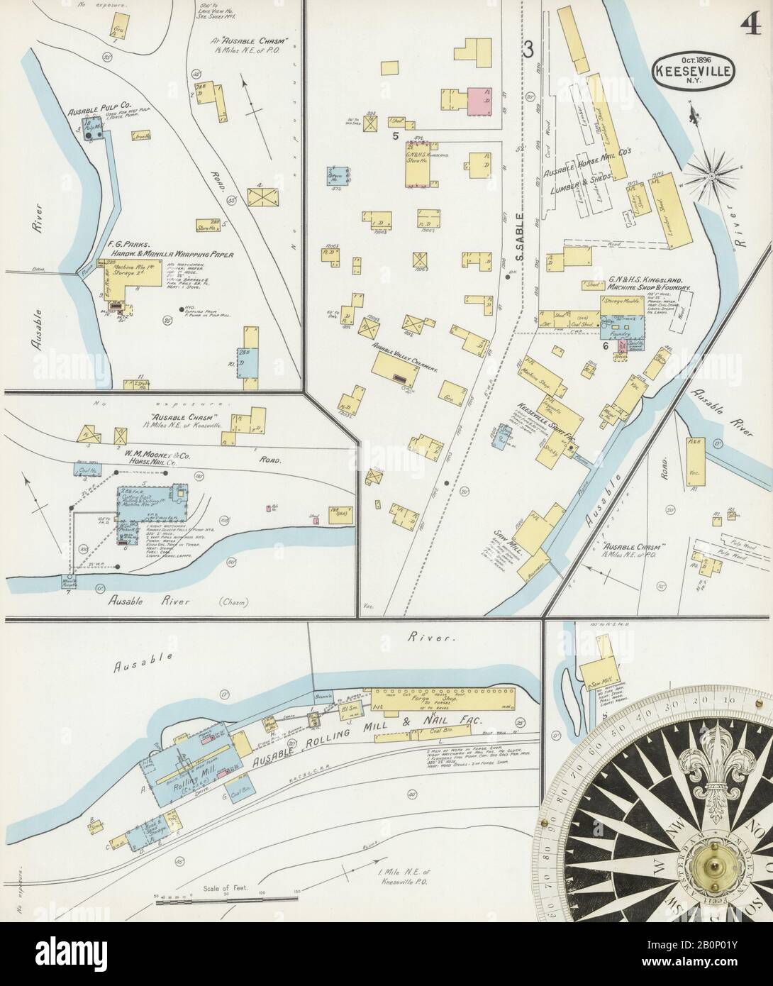 Image 4 of Sanborn Fire Insurance Map from Keeseville, Essex County, New York. Oct 1896. 4 Sheet(s), America, street map with a Nineteenth Century compass Stock Photo