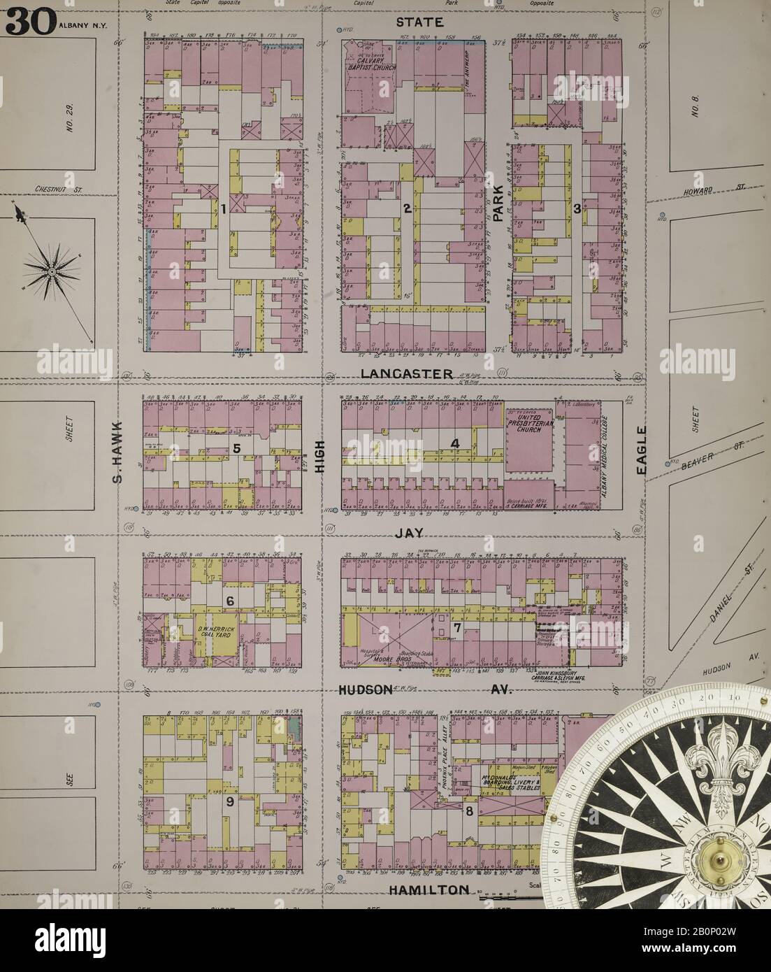 Image 34 of Sanborn Fire Insurance Map from Albany, Albany County, New York. 1892. 124 Sheet(s). Includes Coeymans, Coeymans Junction, Rensselaerville, Clarksville, Altamont, Guilderland Center, South Bethlehem. 3 skeleton maps. Bound, America, street map with a Nineteenth Century compass Stock Photo