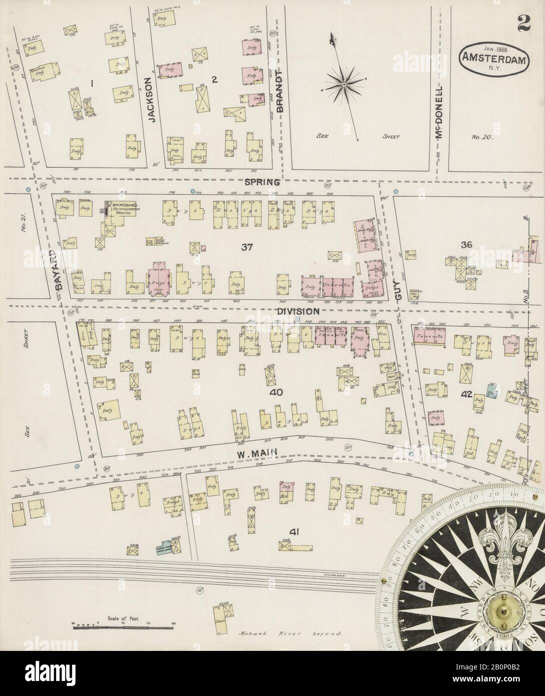 Image 2 of Sanborn Fire Insurance Map from Amsterdam, Montgomery County, New York. Jan 1888. 24 Sheet(s), America, street map with a Nineteenth Century compass Stock Photo
