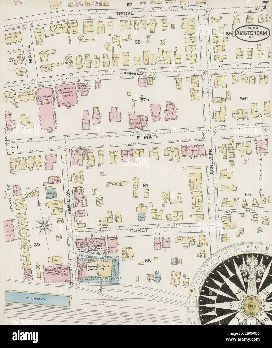 Image 7 of Sanborn Fire Insurance Map from Amsterdam, Montgomery County, New York. Jan 1888. 24 Sheet(s), America, street map with a Nineteenth Century compass Stock Photo