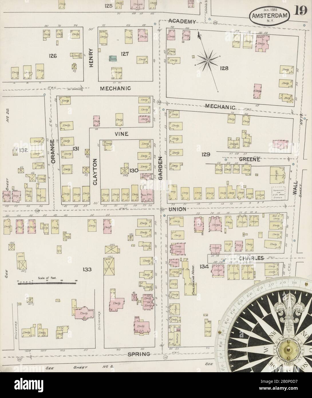 Image 19 of Sanborn Fire Insurance Map from Amsterdam, Montgomery County, New York. Jan 1888. 24 Sheet(s), America, street map with a Nineteenth Century compass Stock Photo
