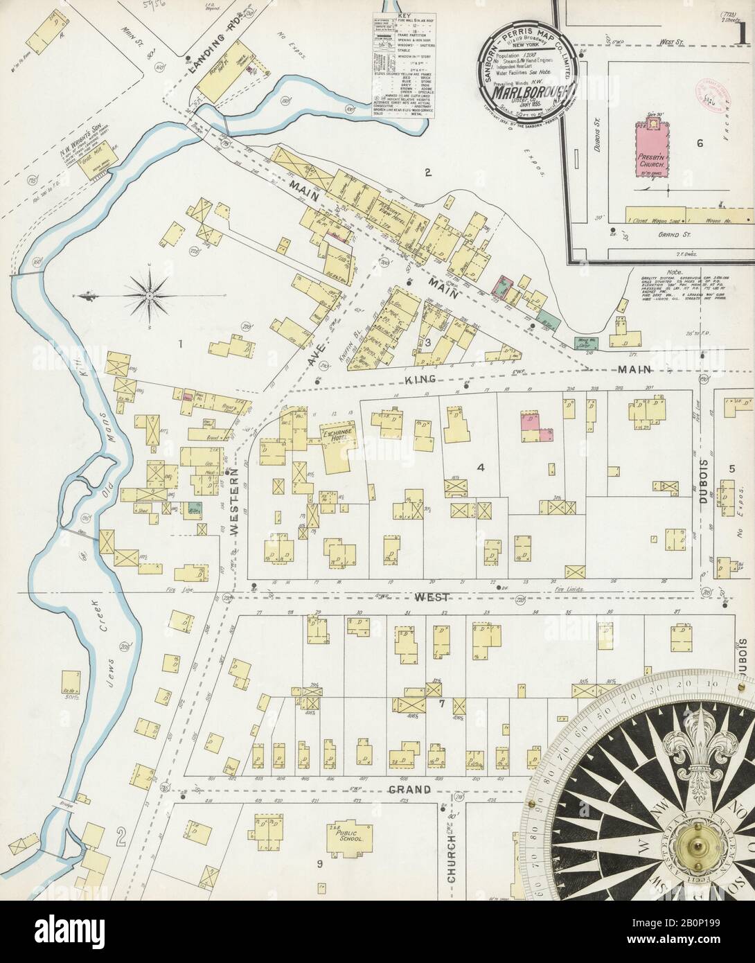 Image 1 of Sanborn Fire Insurance Map from Marlboro, Ulster County, New York. Jan 1895. 2 Sheet(s), America, street map with a Nineteenth Century compass Stock Photo