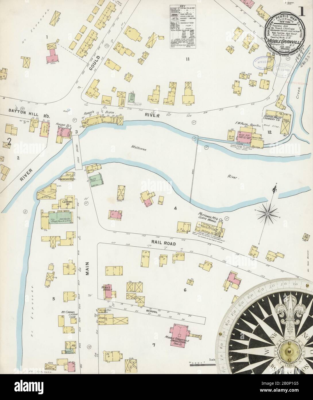 Image 1 of Sanborn Fire Insurance Map from Middle Granville, Washington County, New York. Feb 1898. 2 Sheet(s), America, street map with a Nineteenth Century compass Stock Photo