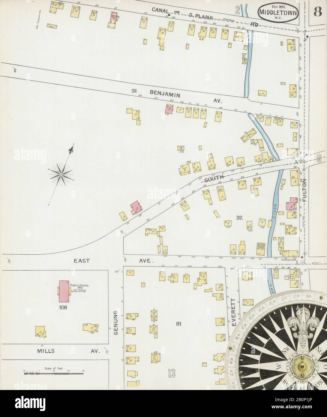 Image 8 of Sanborn Fire Insurance Map from Middletown, Orange County, New York. Dec 1892. 17 Sheet(s), America, street map with a Nineteenth Century compass Stock Photo