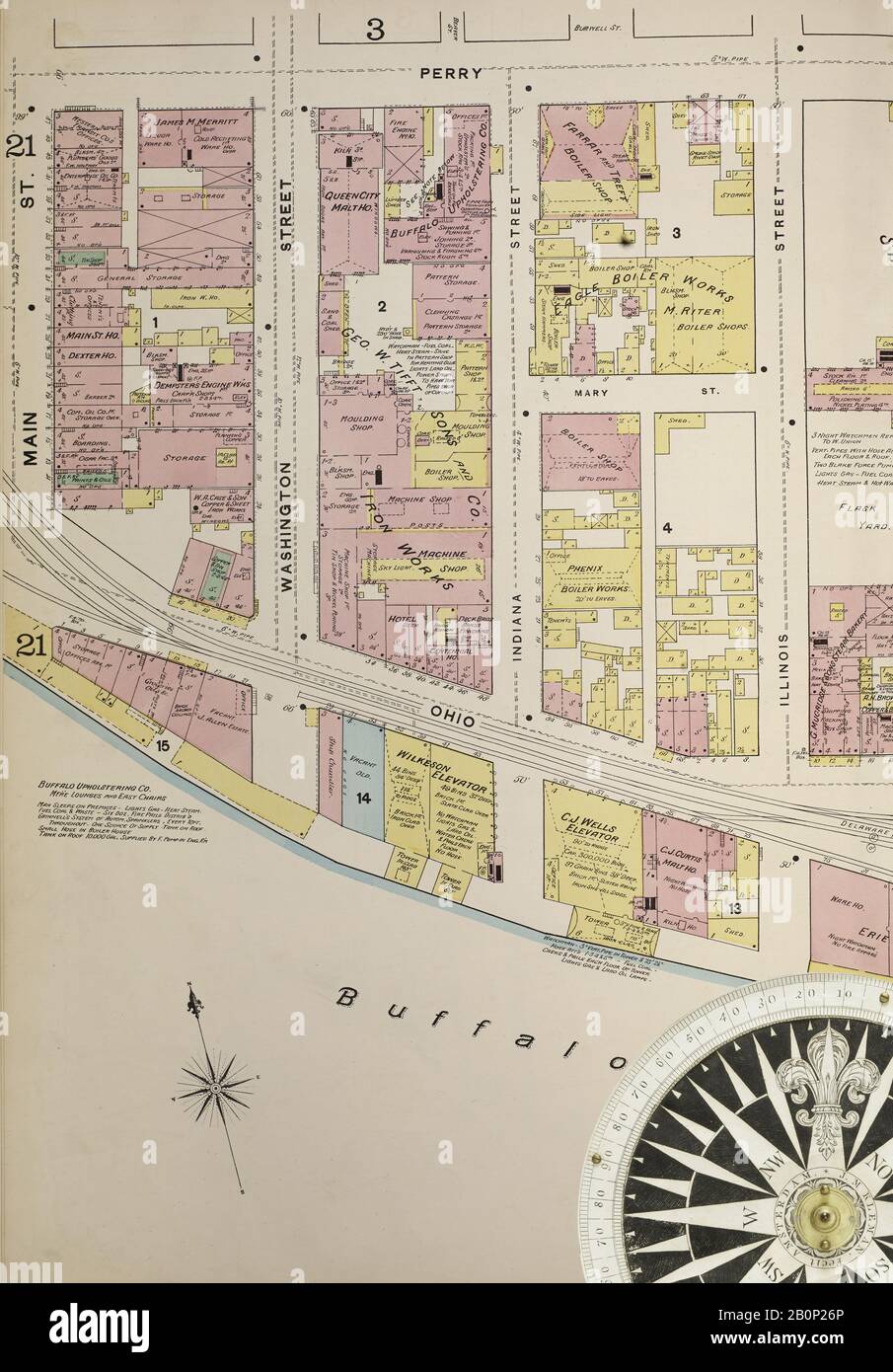 Image 7 of Sanborn Fire Insurance Map from Buffalo, Erie County, New York. 1889-1893 Vol. 1, 1889. 85 Sheet(s). Includes Map of Elevator District. Double-paged plates numbered 1-40. Bound, America, street map with a Nineteenth Century compass Stock Photo