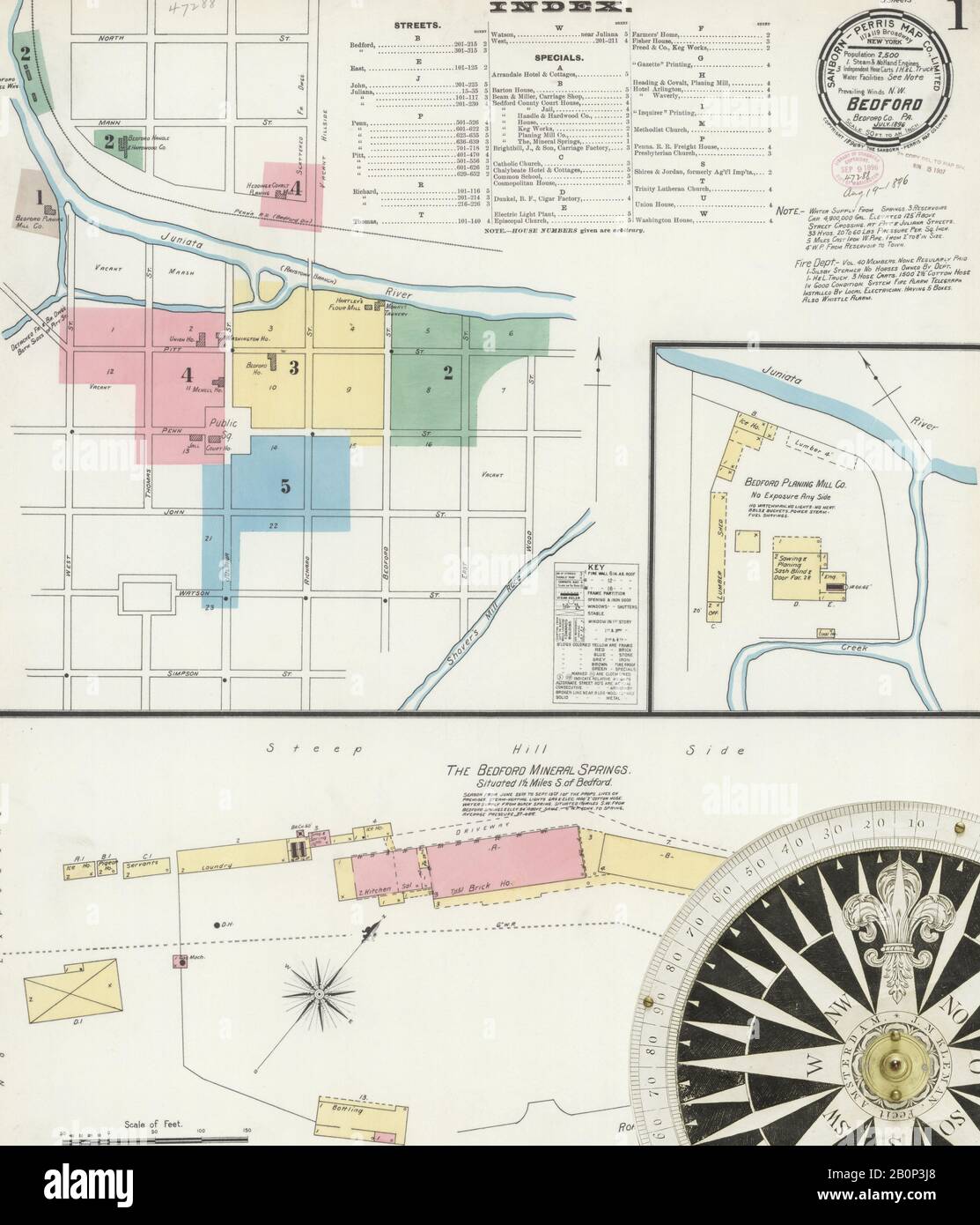 Image 1 of Sanborn Fire Insurance Map from Bedford, Bedford County, Pennsylvania. Jul 1896. 5 Sheet(s), America, street map with a Nineteenth Century compass Stock Photo