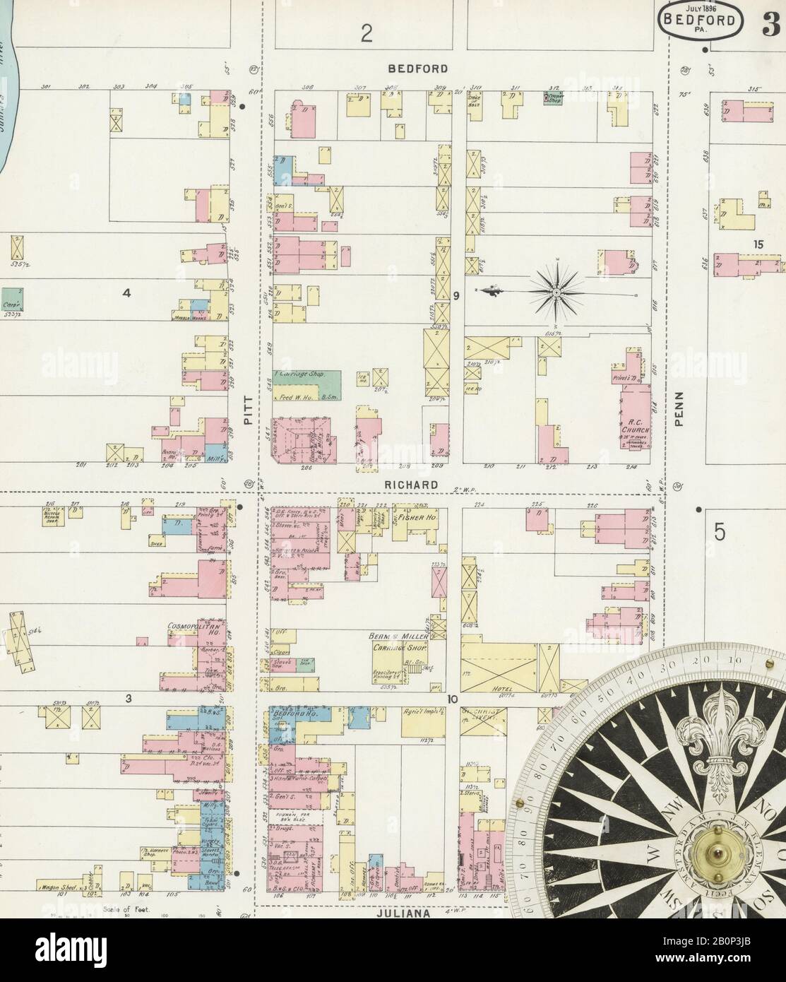 Image 3 of Sanborn Fire Insurance Map from Bedford, Bedford County, Pennsylvania. Jul 1896. 5 Sheet(s), America, street map with a Nineteenth Century compass Stock Photo
