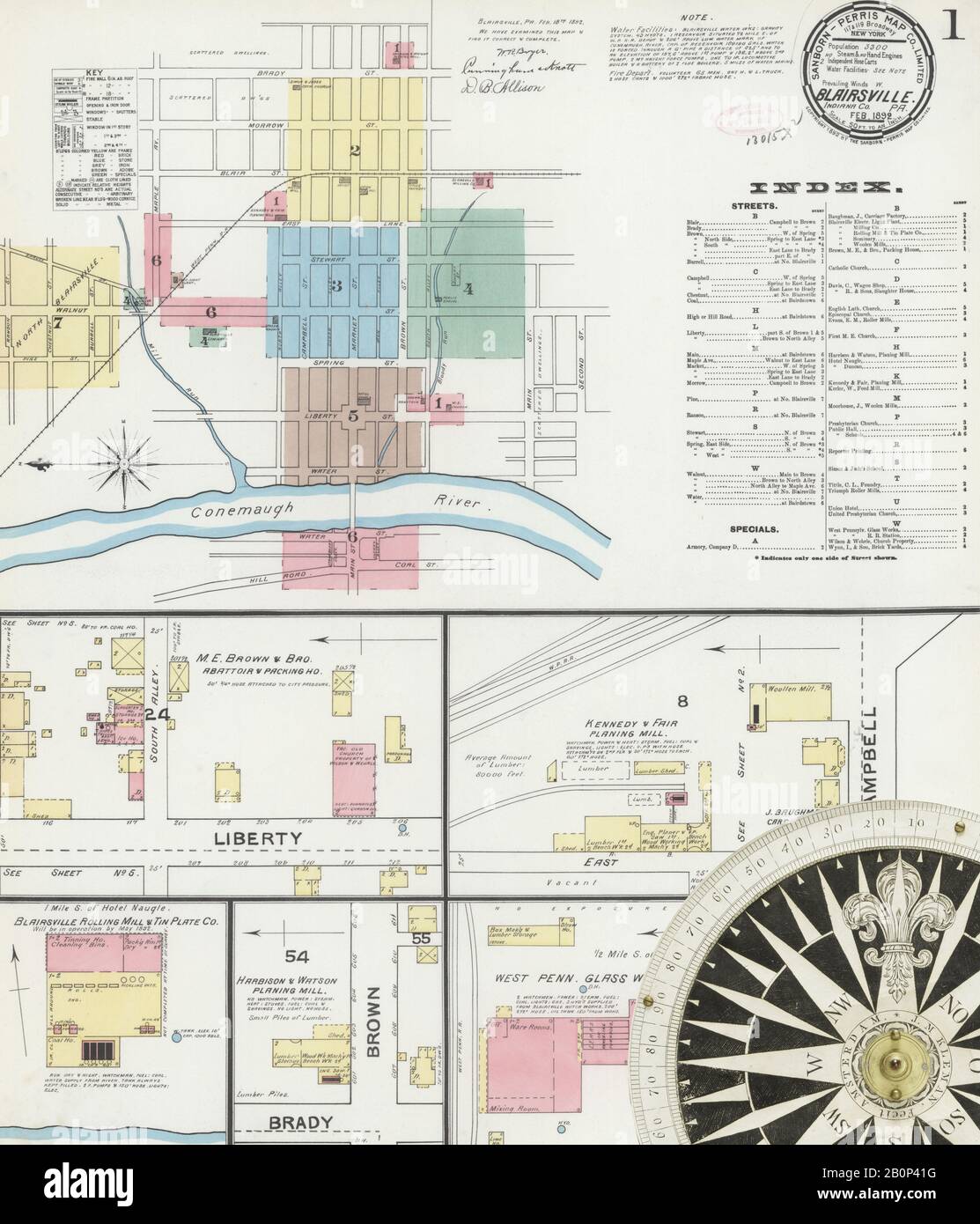 Image 1 of Sanborn Fire Insurance Map from Blairsville, Indiana County, Pennsylvania. Feb 1892. 7 Sheet(s), America, street map with a Nineteenth Century compass Stock Photo