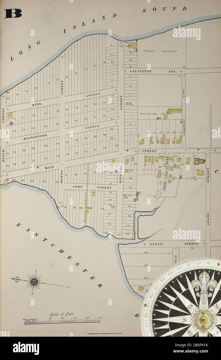 Image 12 of Sanborn Fire Insurance Map from New York, Bronx, Manhattan, New York. 1890 - 1902 Vol. B, 1897. 57 Sheet(s). Key map to edition. Bound, America, street map with a Nineteenth Century compass Stock Photo