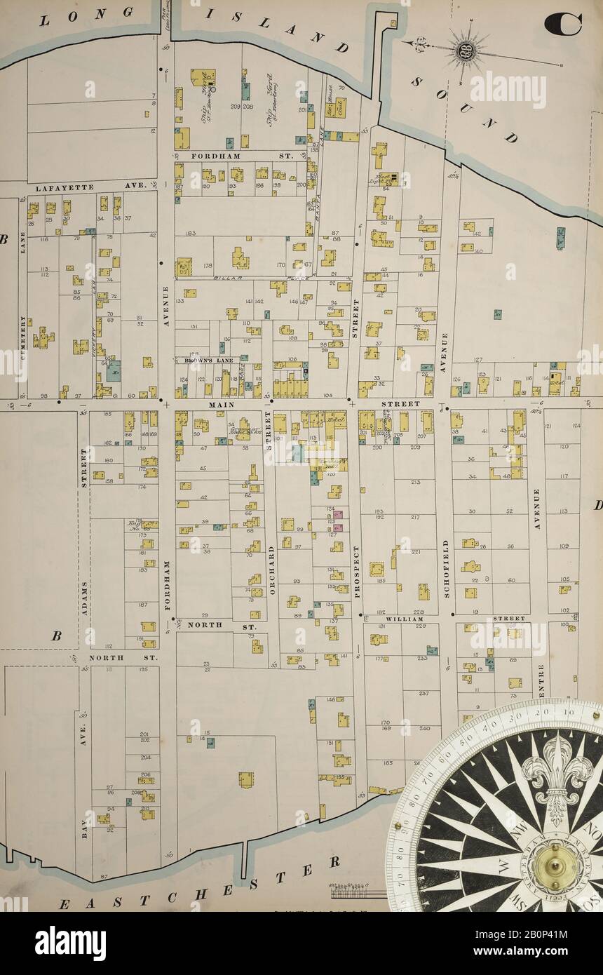 Image 13 of Sanborn Fire Insurance Map from New York, Bronx, Manhattan, New York. 1890 - 1902 Vol. B, 1897. 57 Sheet(s). Key map to edition. Bound, America, street map with a Nineteenth Century compass Stock Photo
