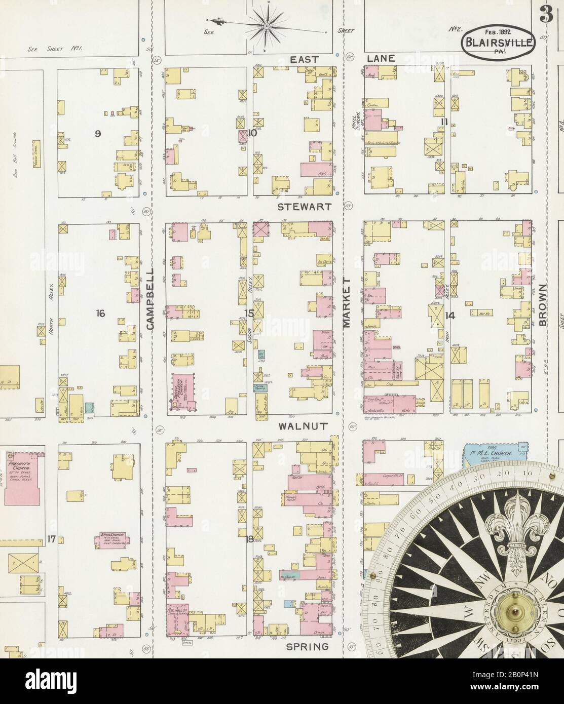 Image 3 of Sanborn Fire Insurance Map from Blairsville, Indiana County, Pennsylvania. Feb 1892. 7 Sheet(s), America, street map with a Nineteenth Century compass Stock Photo