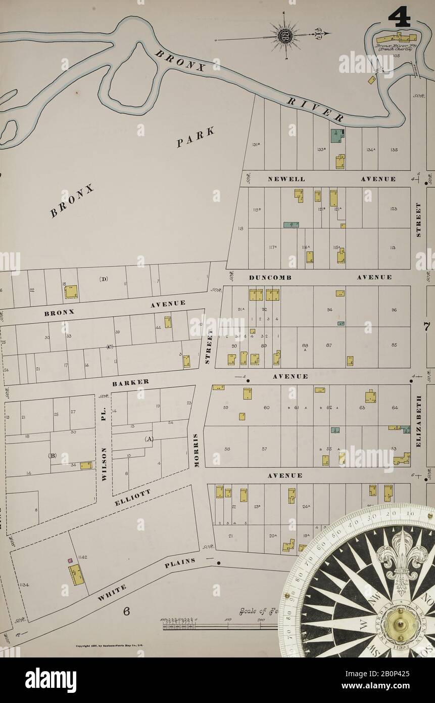Image 5 of Sanborn Fire Insurance Map from New York, Bronx, Manhattan, New York. 1890 - 1902 Vol. B, 1897. 57 Sheet(s). Key map to edition. Bound, America, street map with a Nineteenth Century compass Stock Photo