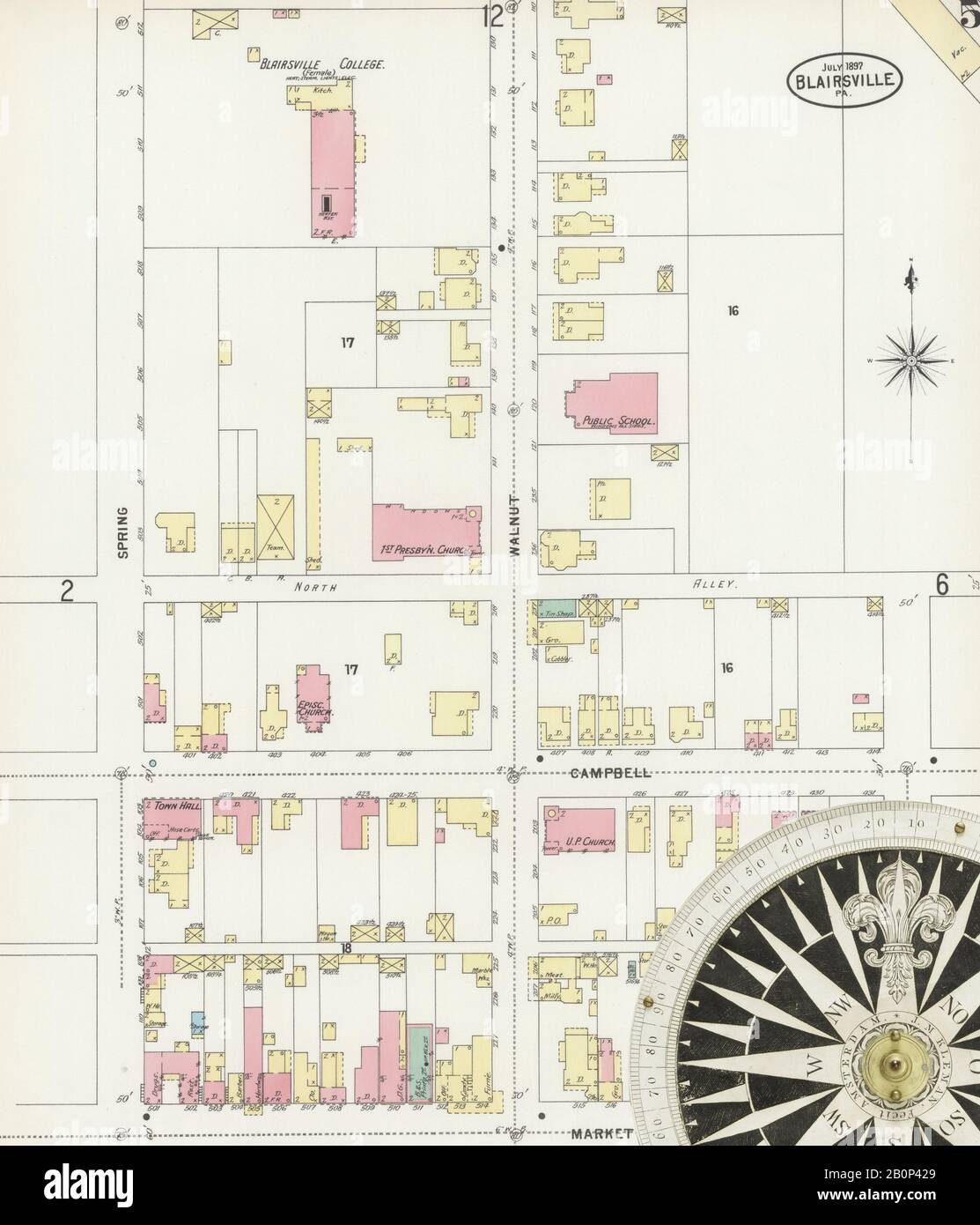 Image 5 of Sanborn Fire Insurance Map from Blairsville, Indiana County, Pennsylvania. Jul 1897. 13 Sheet(s), America, street map with a Nineteenth Century compass Stock Photo