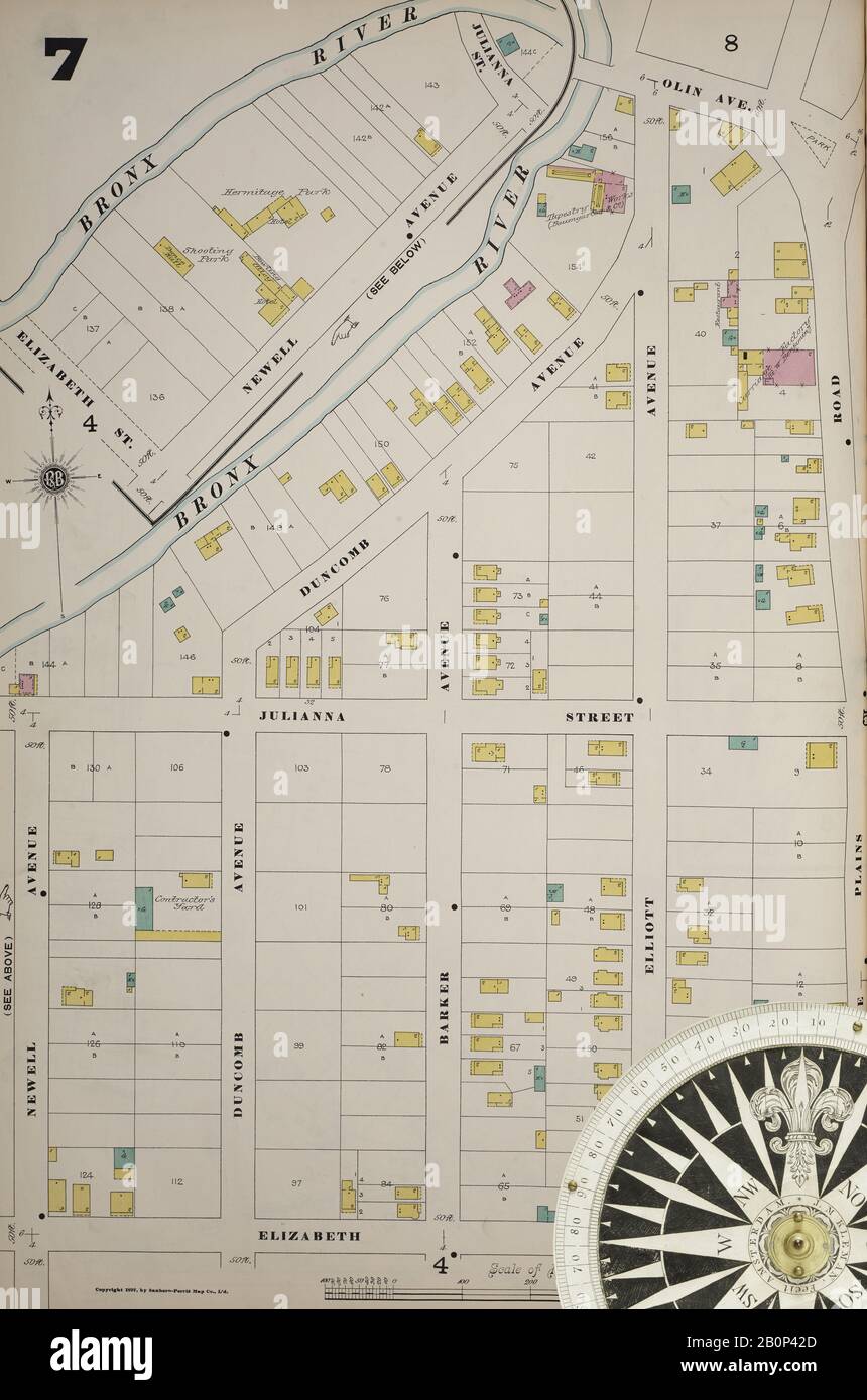 Image 8 of Sanborn Fire Insurance Map from New York, Bronx, Manhattan, New York. 1890 - 1902 Vol. B, 1897. 57 Sheet(s). Key map to edition. Bound, America, street map with a Nineteenth Century compass Stock Photo