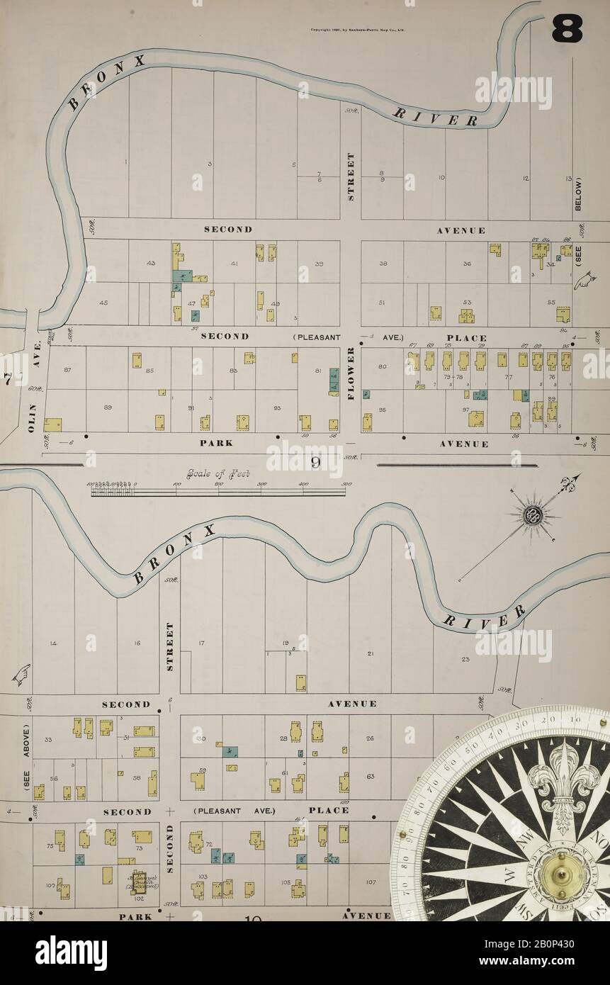 Image 9 of Sanborn Fire Insurance Map from New York, Bronx, Manhattan, New York. 1890 - 1902 Vol. B, 1897. 57 Sheet(s). Key map to edition. Bound, America, street map with a Nineteenth Century compass Stock Photo