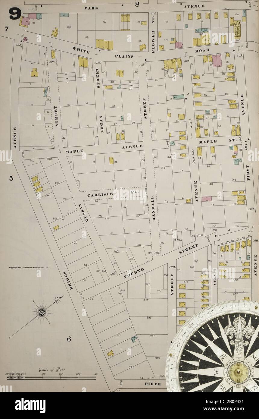 Image 10 of Sanborn Fire Insurance Map from New York, Bronx, Manhattan, New York. 1890 - 1902 Vol. B, 1897. 57 Sheet(s). Key map to edition. Bound, America, street map with a Nineteenth Century compass Stock Photo