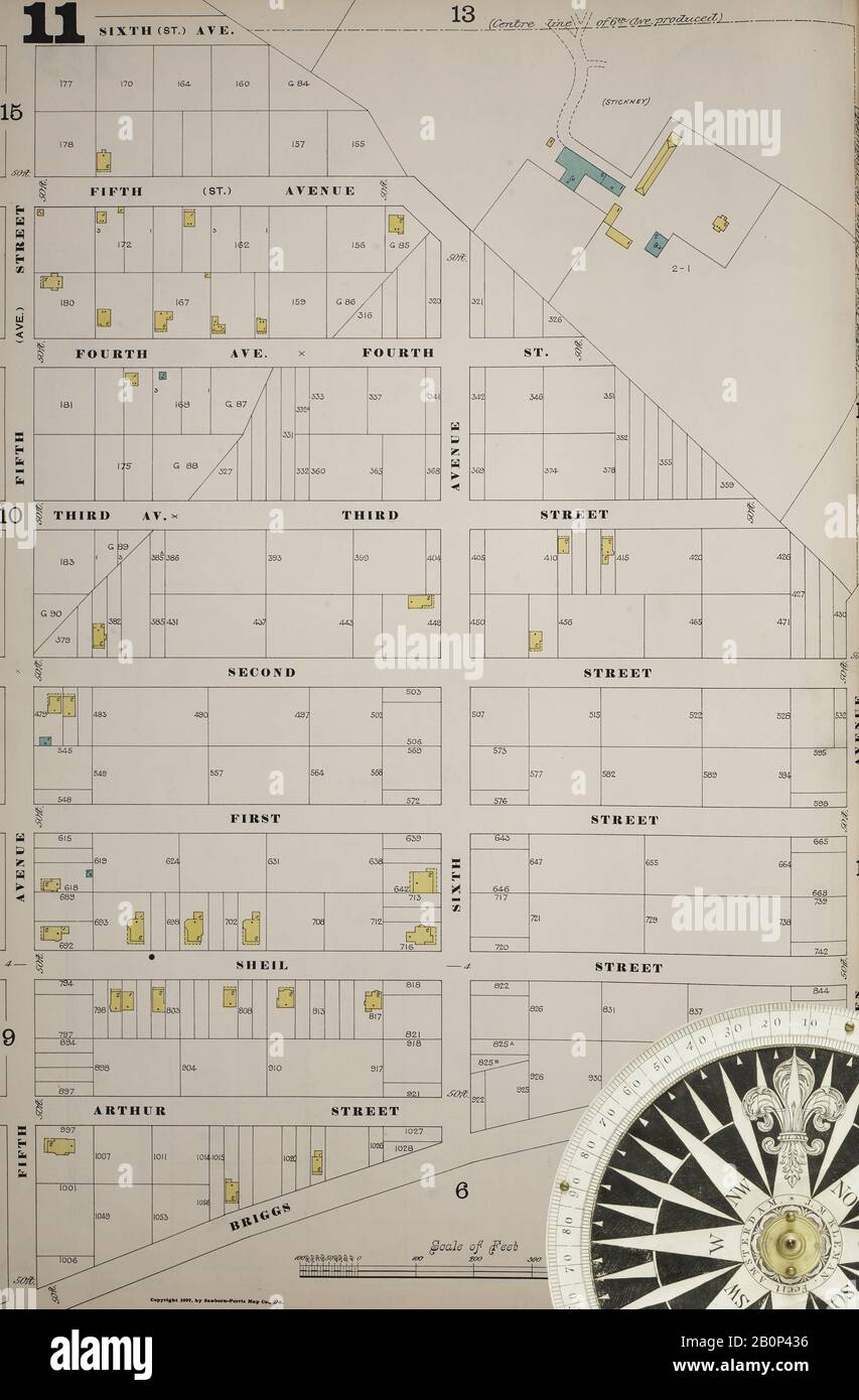 Image 16 of Sanborn Fire Insurance Map from New York, Bronx, Manhattan, New York. 1890 - 1902 Vol. B, 1897. 57 Sheet(s). Key map to edition. Bound, America, street map with a Nineteenth Century compass Stock Photo