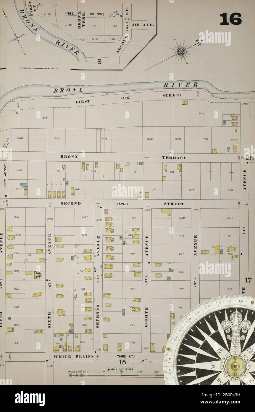Image 21 of Sanborn Fire Insurance Map from New York, Bronx, Manhattan, New York. 1890 - 1902 Vol. B, 1897. 57 Sheet(s). Key map to edition. Bound, America, street map with a Nineteenth Century compass Stock Photo