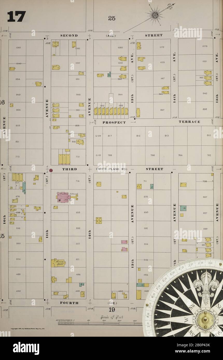 Image 22 of Sanborn Fire Insurance Map from New York, Bronx, Manhattan, New York. 1890 - 1902 Vol. B, 1897. 57 Sheet(s). Key map to edition. Bound, America, street map with a Nineteenth Century compass Stock Photo