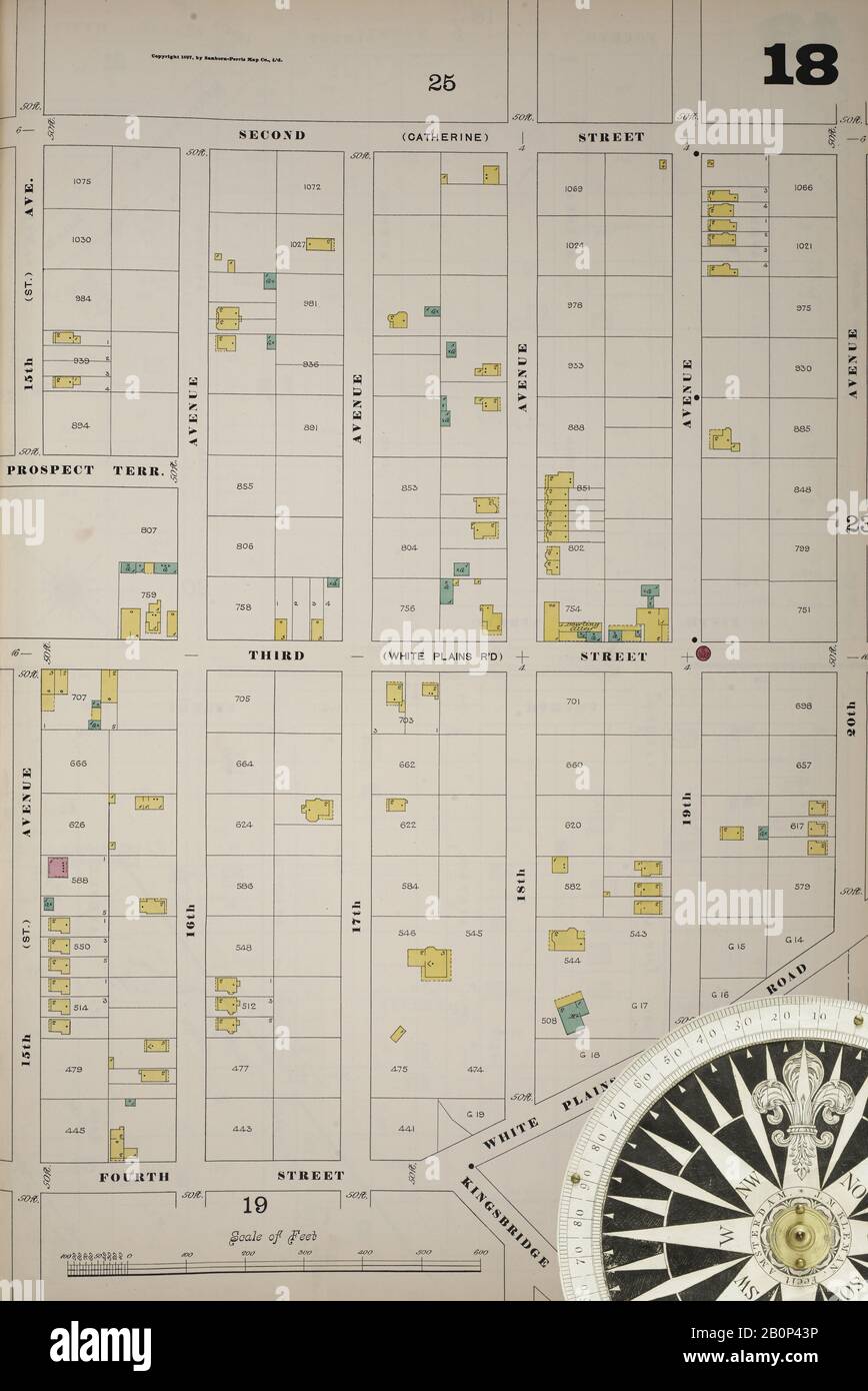 Image 23 of Sanborn Fire Insurance Map from New York, Bronx, Manhattan, New York. 1890 - 1902 Vol. B, 1897. 57 Sheet(s). Key map to edition. Bound, America, street map with a Nineteenth Century compass Stock Photo